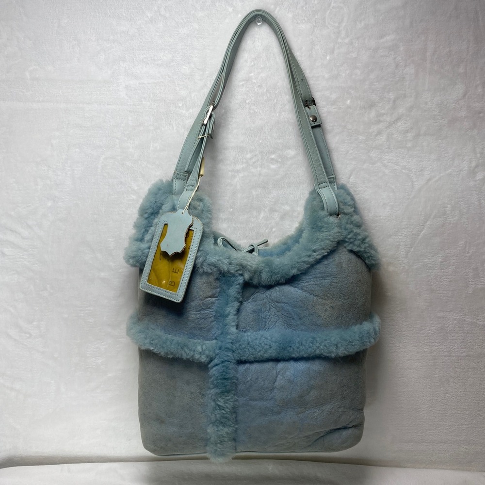 Besso Light Blue Sheepskin Shearling Fur Trimmed Handbag Shoulder Bag